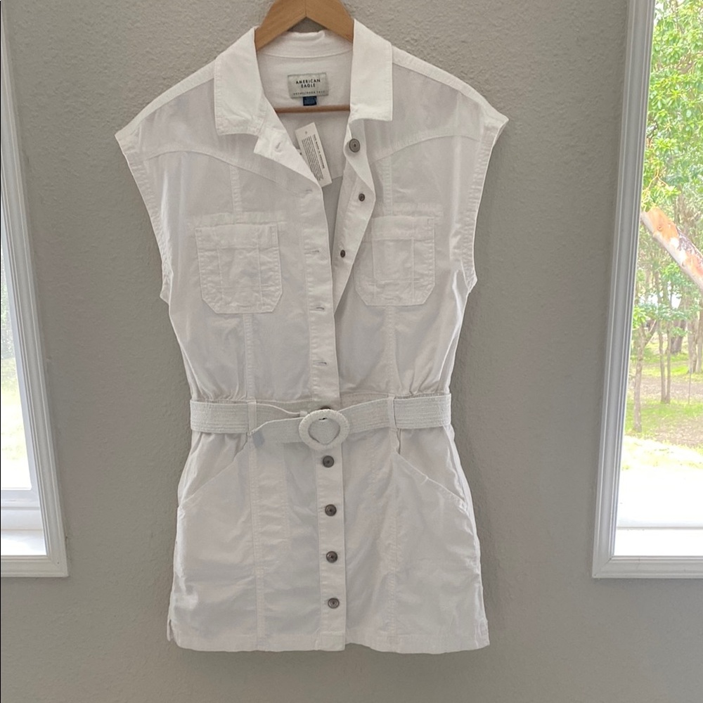 American Eagle Outfitters Cream Fitted Button Down Jean Dress